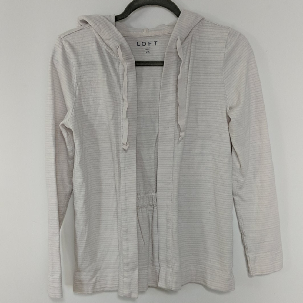 Off white hooded cardigan with light aqua stripes.